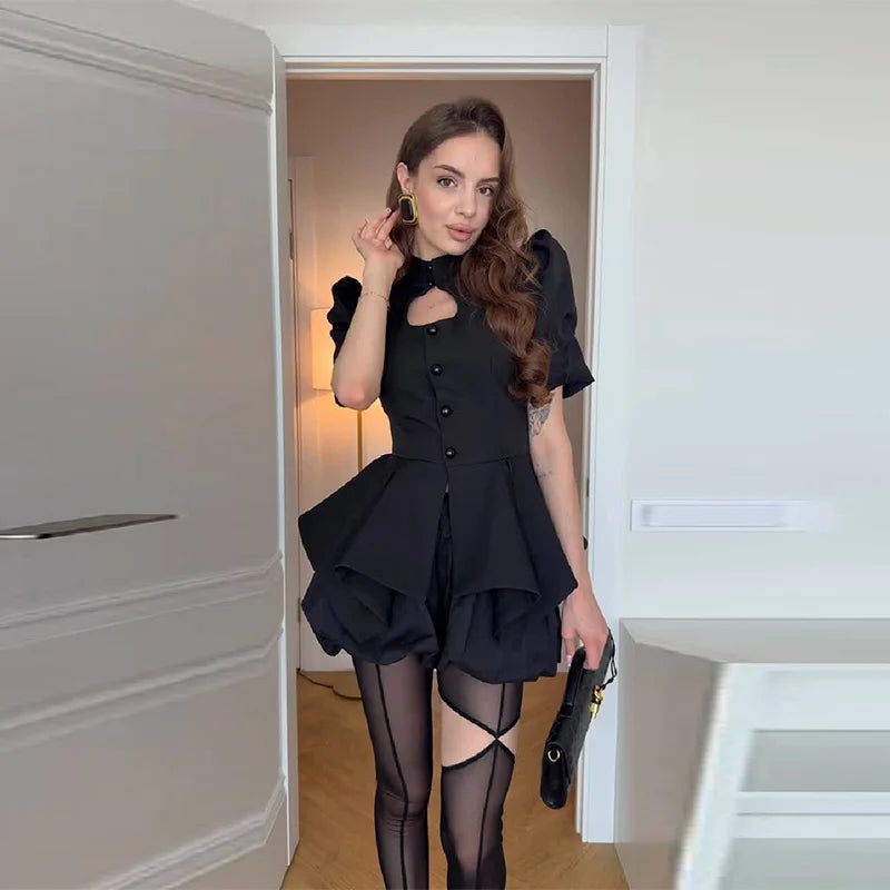 Black Gothic Two Piece Set For Women Puff Sleeve Peplum Top & High Waist Bubble Shorts Y2k Party Outfit