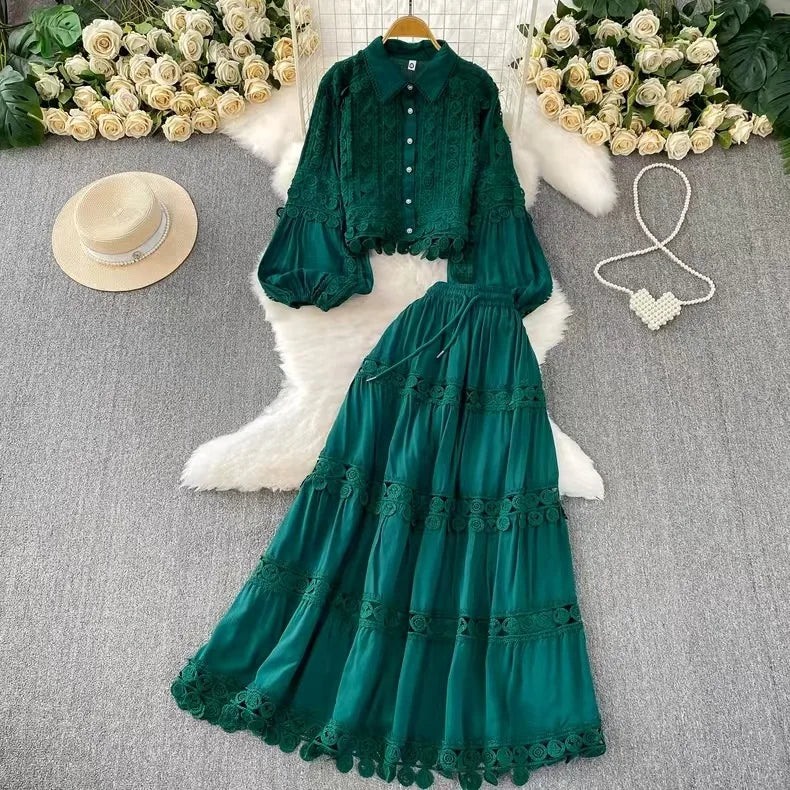 Women Two Piece Sets Skirt Set Turn Down Collar Lantern Sleeve Tops Lace Spliced Long Skirts A Line High Waist Elegant Work 2026