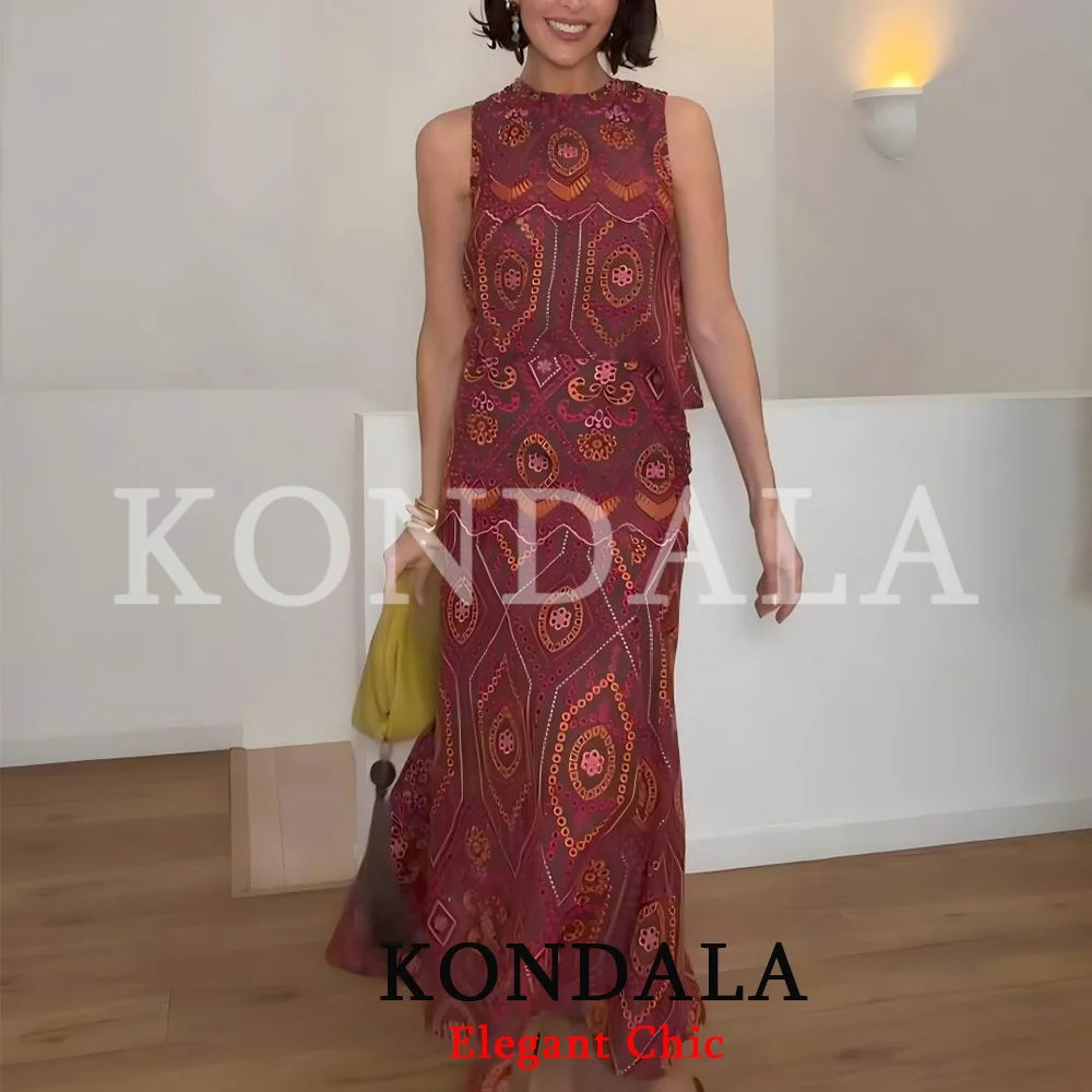 KONDALA Women Holiday Trendy Hollow Out Embroidery Skirt Set O-neck Vest Top Long Skirt New Fashion 2026 Spring Summer Beach Set
