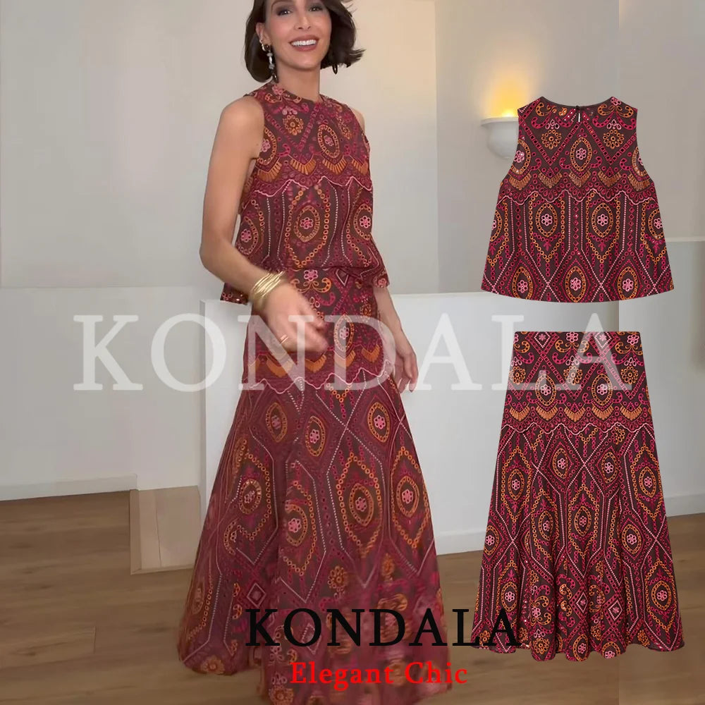KONDALA Women Holiday Trendy Hollow Out Embroidery Skirt Set O-neck Vest Top Long Skirt New Fashion 2026 Spring Summer Beach Set