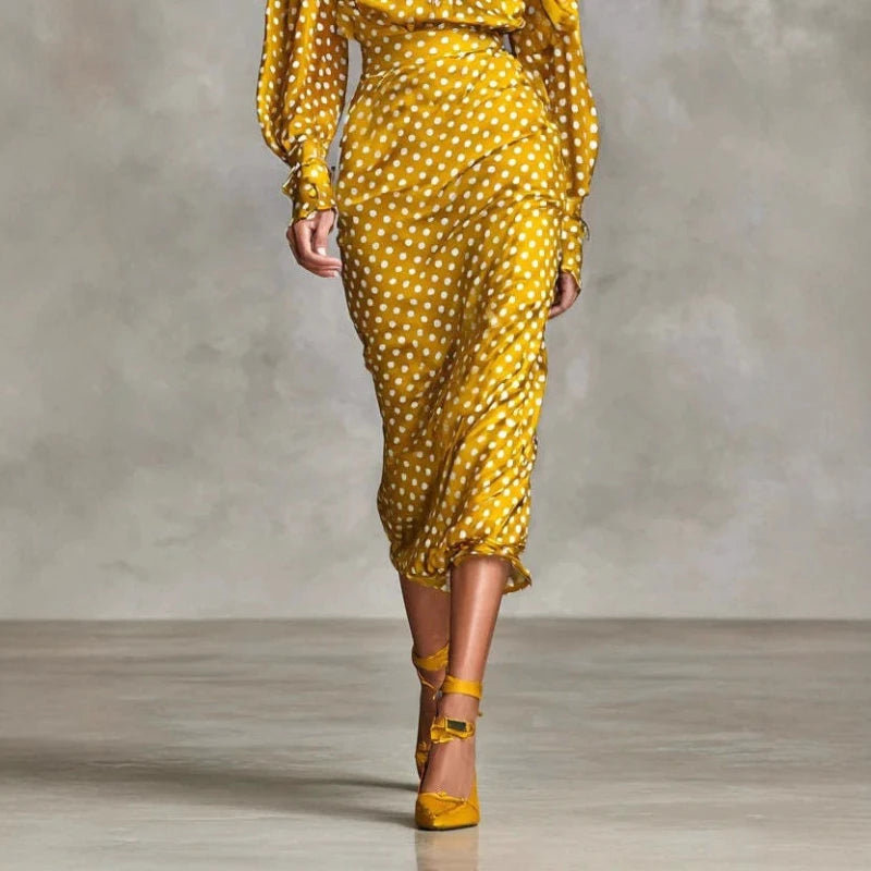 2026 Spring New Design Sensation Satin Wave Dot Western Style High Collar Shirt and Half Skirt Two Piece Set for Women