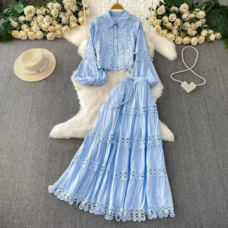 Women Two Piece Sets Skirt Set Turn Down Collar Lantern Sleeve Tops Lace Spliced Long Skirts A Line High Waist Elegant Work 2026
