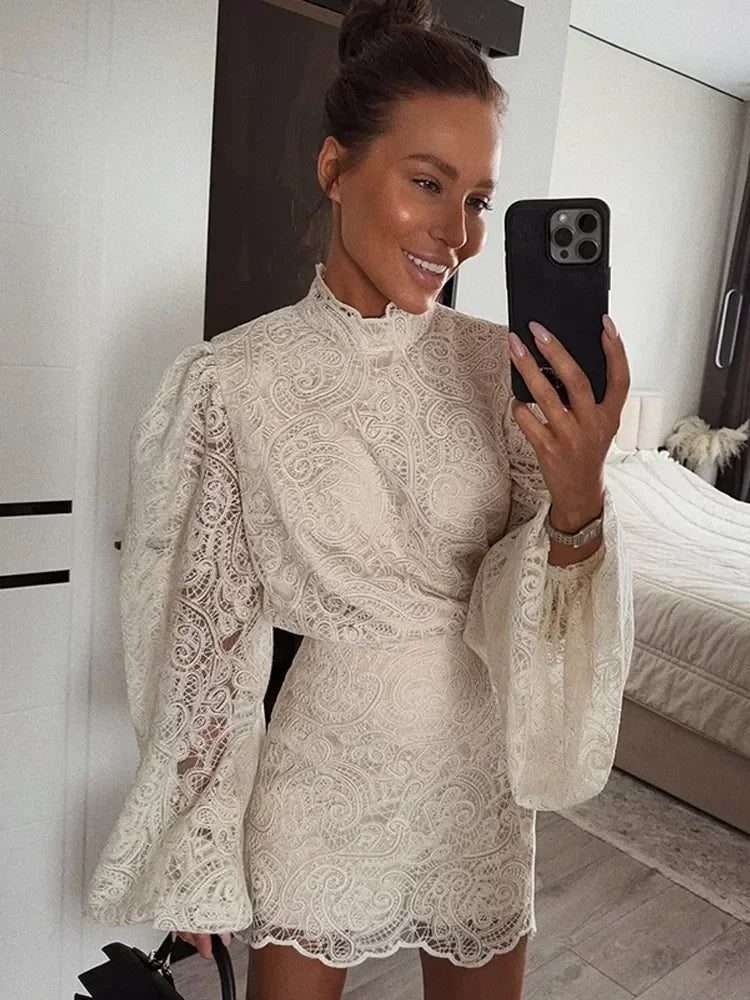 Elegant Lace Hollow Out Mini Dress Women Long Sleeve Designs Chic High Neck Short Vestidos 2026 Trendy Spring Club Night Gown