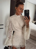 Elegant Lace Hollow Out Mini Dress Women Long Sleeve Designs Chic High Neck Short Vestidos 2026 Trendy Spring Club Night Gown