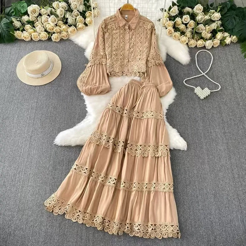 Women Two Piece Sets Skirt Set Turn Down Collar Lantern Sleeve Tops Lace Spliced Long Skirts A Line High Waist Elegant Work 2026