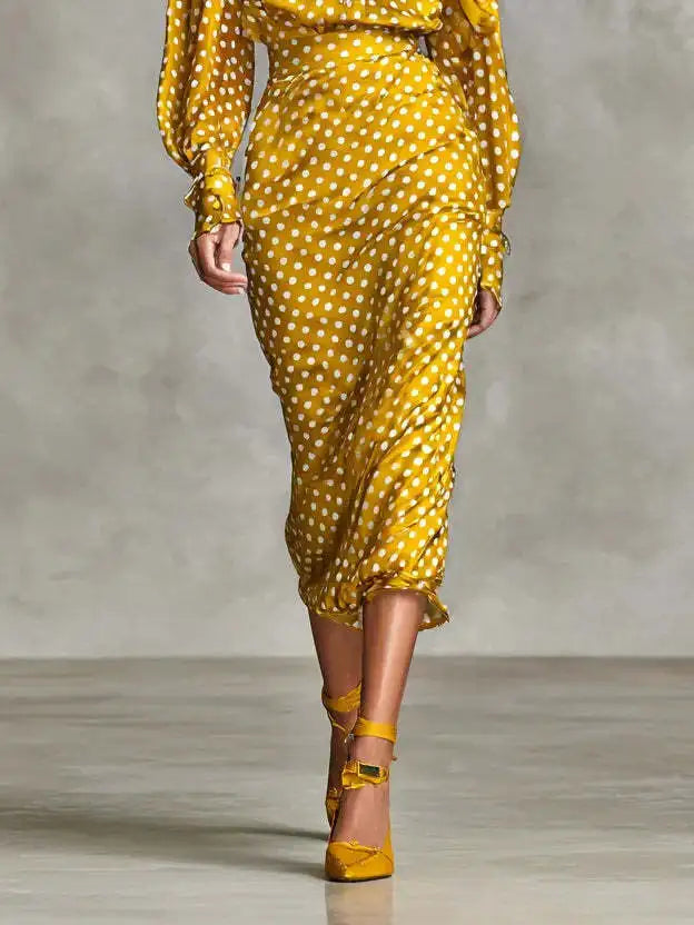 2026 Spring New Design Sensation Satin Wave Dot Western Style High Collar Shirt and Half Skirt Two Piece Set for Women