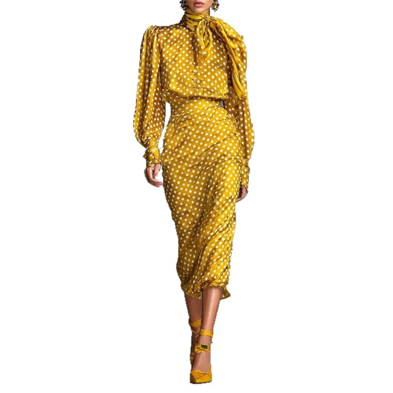 2026 Spring New Design Sensation Satin Wave Dot Western Style High Collar Shirt and Half Skirt Two Piece Set for Women