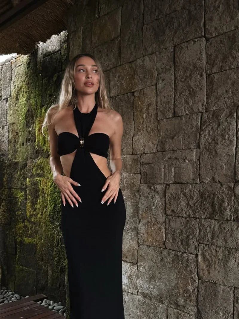 Mozision Halter Off-shoulder Sexy Maxi Dress Set Women Elegant Cut Out Sleeveless Backless Crop Top And Maxi Skirt Matching Sets