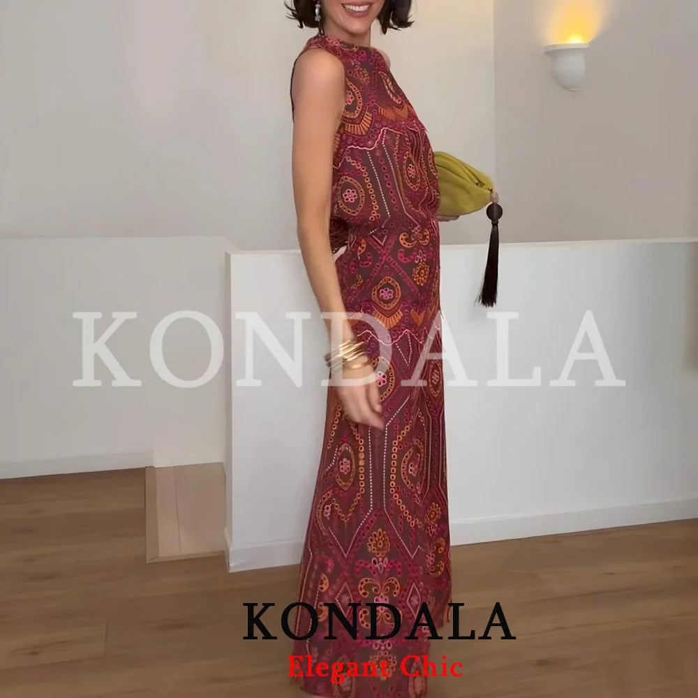 KONDALA Women Holiday Trendy Hollow Out Embroidery Skirt Set O-neck Vest Top Long Skirt New Fashion 2026 Spring Summer Beach Set