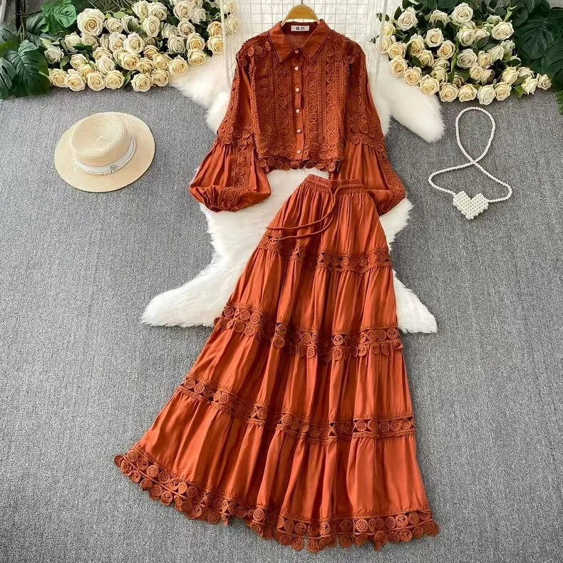 Women Two Piece Sets Skirt Set Turn Down Collar Lantern Sleeve Tops Lace Spliced Long Skirts A Line High Waist Elegant Work 2026