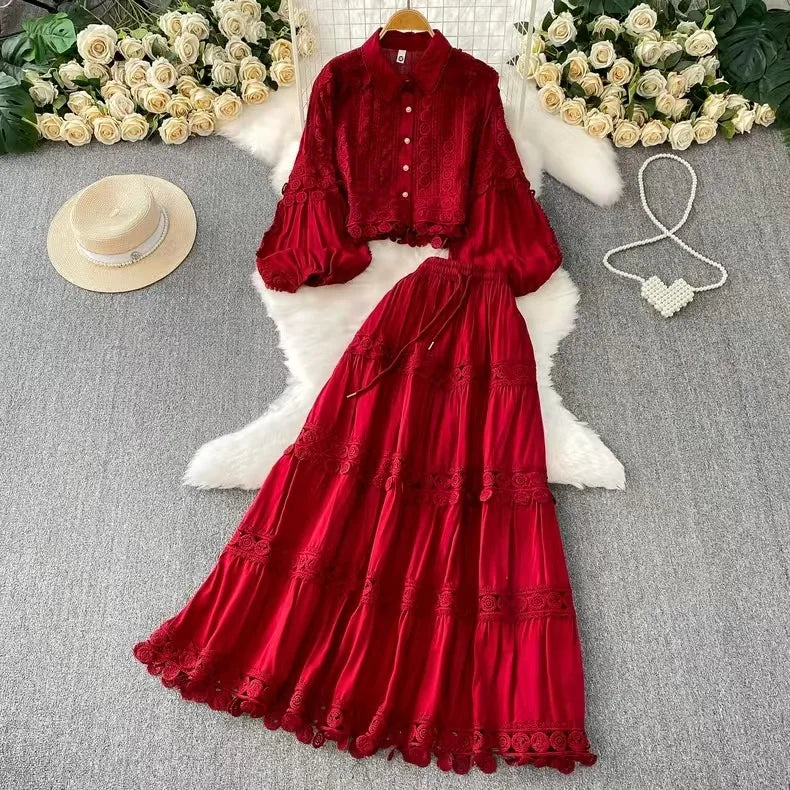 Women Two Piece Sets Skirt Set Turn Down Collar Lantern Sleeve Tops Lace Spliced Long Skirts A Line High Waist Elegant Work 2026