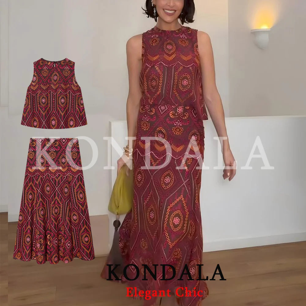 KONDALA Women Holiday Trendy Hollow Out Embroidery Skirt Set O-neck Vest Top Long Skirt New Fashion 2026 Spring Summer Beach Set
