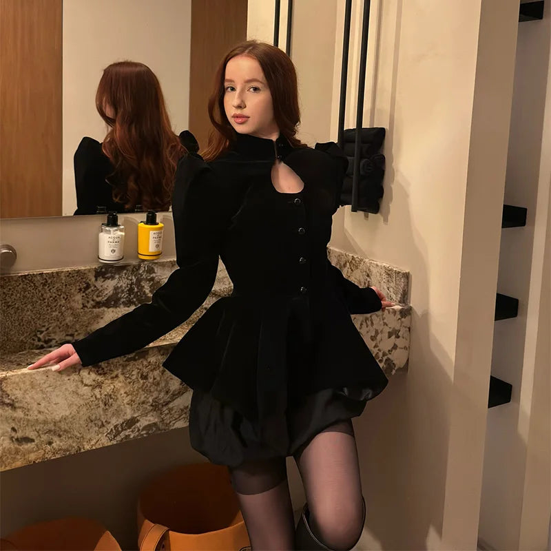 Black Gothic Two Piece Set For Women Puff Sleeve Peplum Top & High Waist Bubble Shorts Y2k Party Outfit