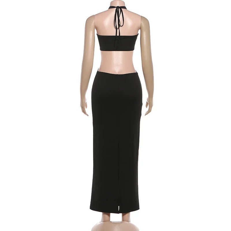 Mozision Halter Off-shoulder Sexy Maxi Dress Set Women Elegant Cut Out Sleeveless Backless Crop Top And Maxi Skirt Matching Sets