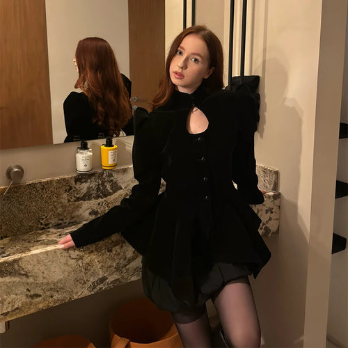 Black Gothic Two Piece Set For Women Puff Sleeve Peplum Top & High Waist Bubble Shorts Y2k Party Outfit