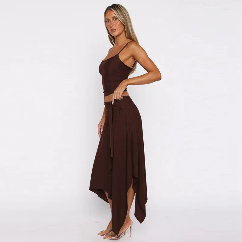 Summer Chic 2 Piece Set Women Sexy Sling Skirt Suit 2026 Backless Crop Top+Slim Irregular Skirt New In Matching Sets Party Set