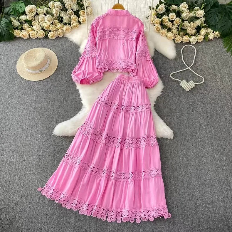 Women Two Piece Sets Skirt Set Turn Down Collar Lantern Sleeve Tops Lace Spliced Long Skirts A Line High Waist Elegant Work 2026