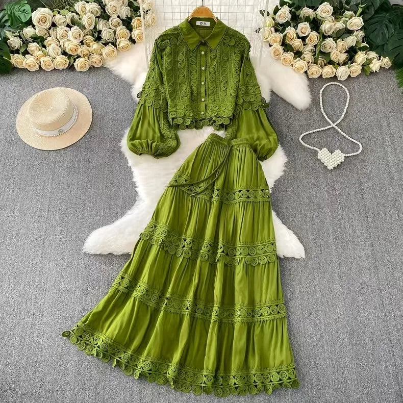 Women Two Piece Sets Skirt Set Turn Down Collar Lantern Sleeve Tops Lace Spliced Long Skirts A Line High Waist Elegant Work 2026