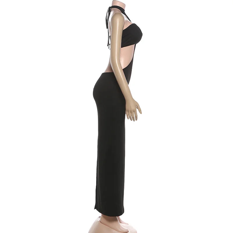 Mozision Halter Off-shoulder Sexy Maxi Dress Set Women Elegant Cut Out Sleeveless Backless Crop Top And Maxi Skirt Matching Sets