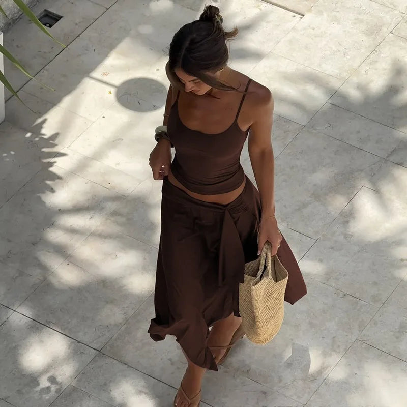 Summer Chic 2 Piece Set Women Sexy Sling Skirt Suit 2026 Backless Crop Top+Slim Irregular Skirt New In Matching Sets Party Set