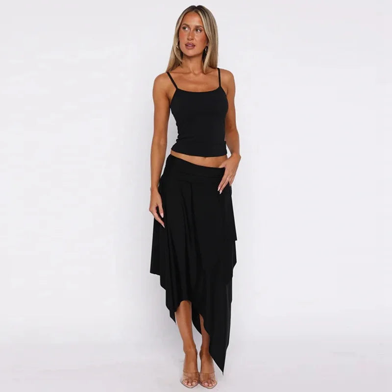 Summer Chic 2 Piece Set Women Sexy Sling Skirt Suit 2026 Backless Crop Top+Slim Irregular Skirt New In Matching Sets Party Set