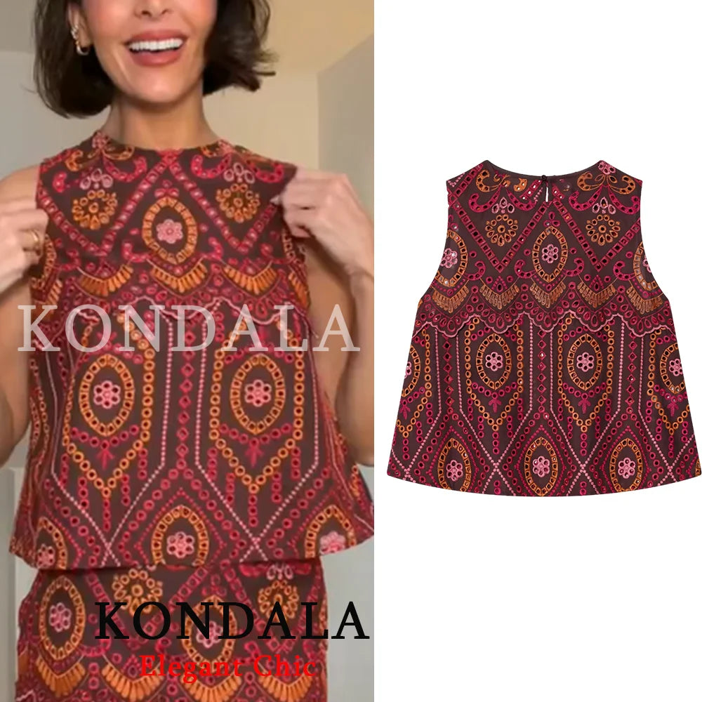 KONDALA Women Holiday Trendy Hollow Out Embroidery Skirt Set O-neck Vest Top Long Skirt New Fashion 2026 Spring Summer Beach Set