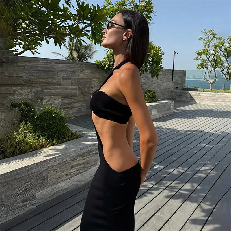 Mozision Halter Off-shoulder Sexy Maxi Dress Set Women Elegant Cut Out Sleeveless Backless Crop Top And Maxi Skirt Matching Sets