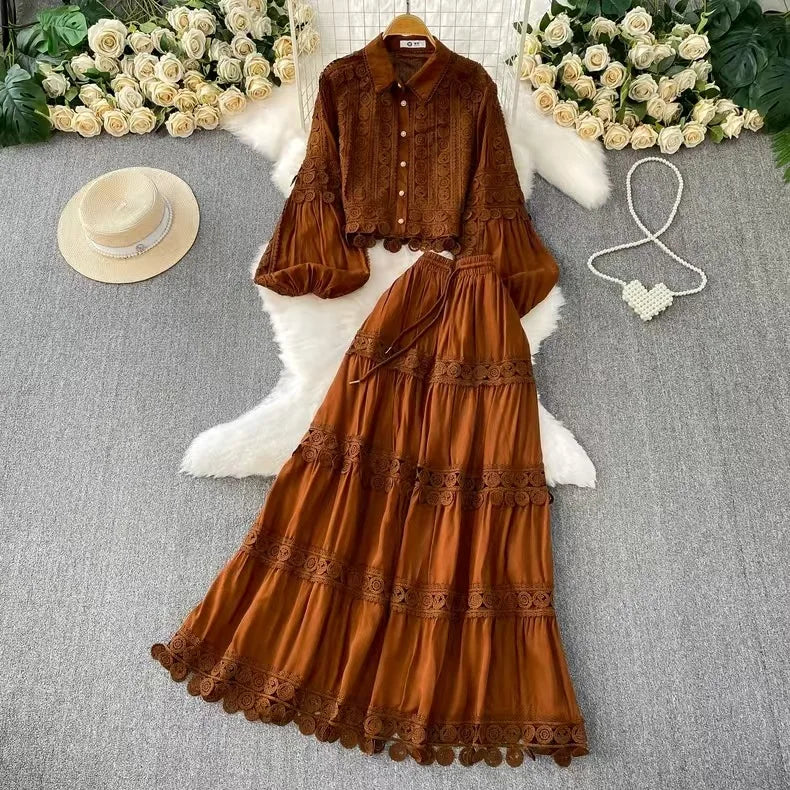 Women Two Piece Sets Skirt Set Turn Down Collar Lantern Sleeve Tops Lace Spliced Long Skirts A Line High Waist Elegant Work 2026