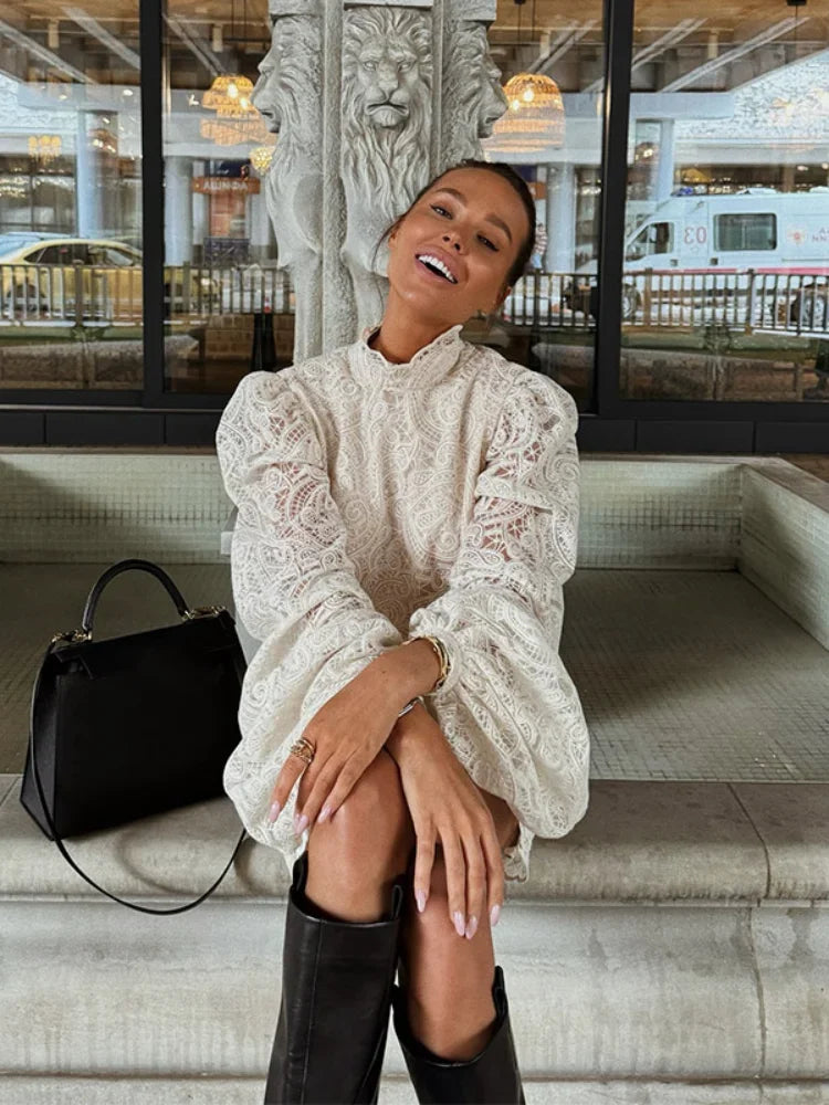 Elegant Lace Hollow Out Mini Dress Women Long Sleeve Designs Chic High Neck Short Vestidos 2026 Trendy Spring Club Night Gown