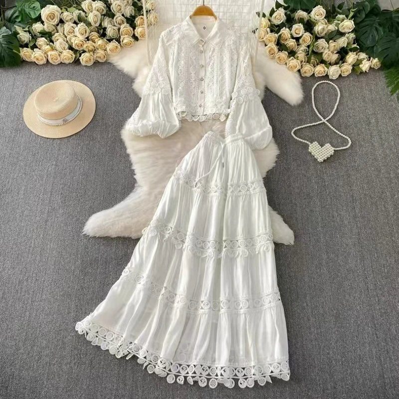 Women Two Piece Sets Skirt Set Turn Down Collar Lantern Sleeve Tops Lace Spliced Long Skirts A Line High Waist Elegant Work 2026