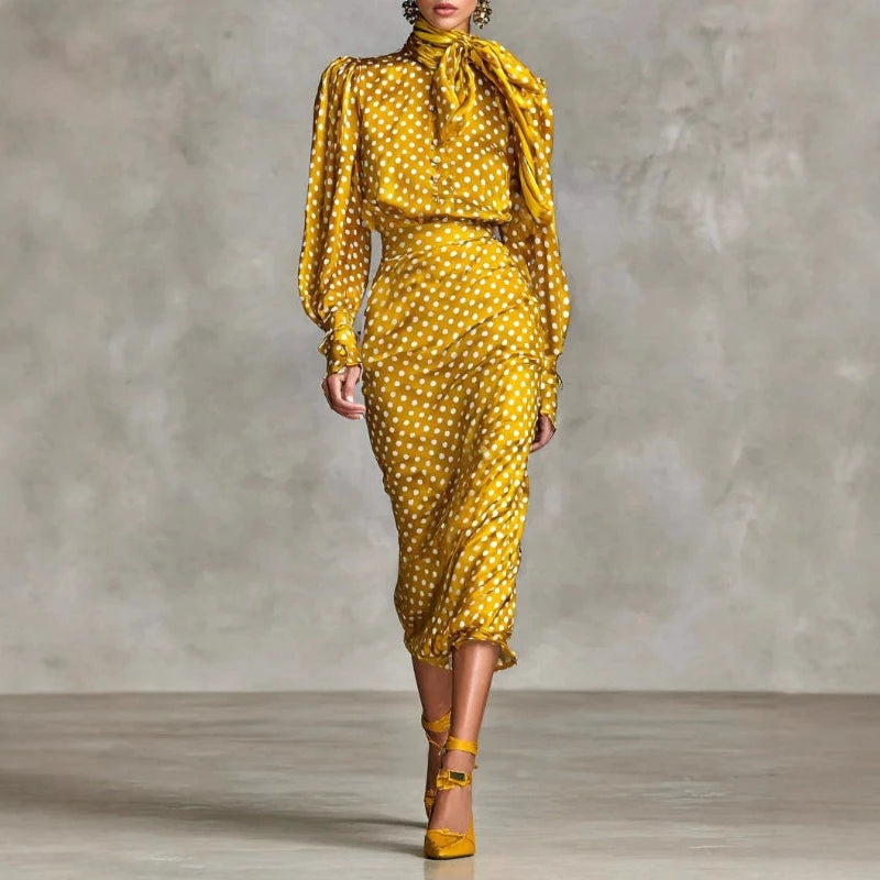 2026 Spring New Design Sensation Satin Wave Dot Western Style High Collar Shirt and Half Skirt Two Piece Set for Women