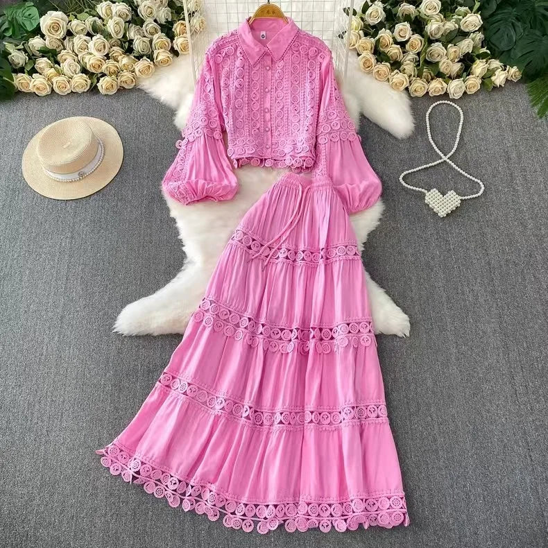 Women Two Piece Sets Skirt Set Turn Down Collar Lantern Sleeve Tops Lace Spliced Long Skirts A Line High Waist Elegant Work 2026