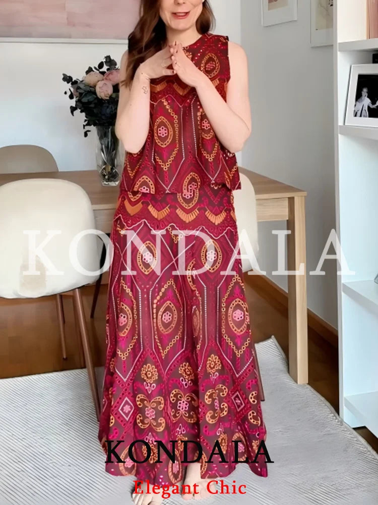 KONDALA Women Holiday Trendy Hollow Out Embroidery Skirt Set O-neck Vest Top Long Skirt New Fashion 2026 Spring Summer Beach Set
