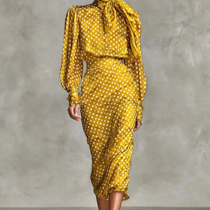 2026 Spring New Design Sensation Satin Wave Dot Western Style High Collar Shirt and Half Skirt Two Piece Set for Women