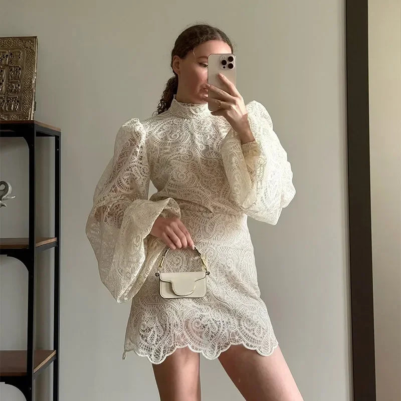 Elegant Lace Hollow Out Mini Dress Women Long Sleeve Designs Chic High Neck Short Vestidos 2026 Trendy Spring Club Night Gown