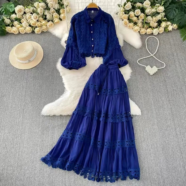 Women Two Piece Sets Skirt Set Turn Down Collar Lantern Sleeve Tops Lace Spliced Long Skirts A Line High Waist Elegant Work 2026