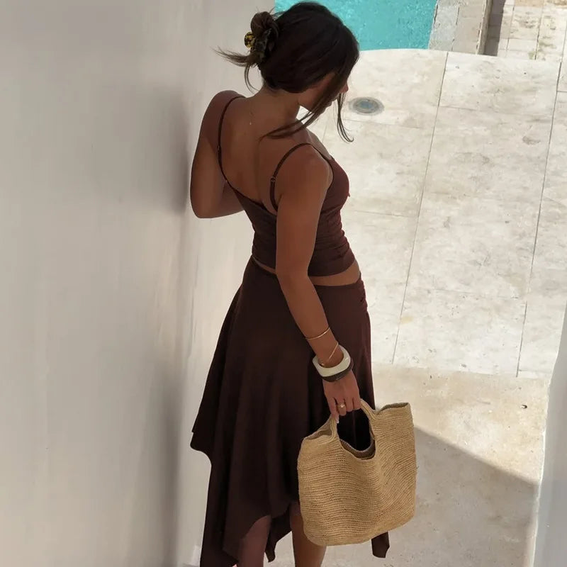 Summer Chic 2 Piece Set Women Sexy Sling Skirt Suit 2026 Backless Crop Top+Slim Irregular Skirt New In Matching Sets Party Set
