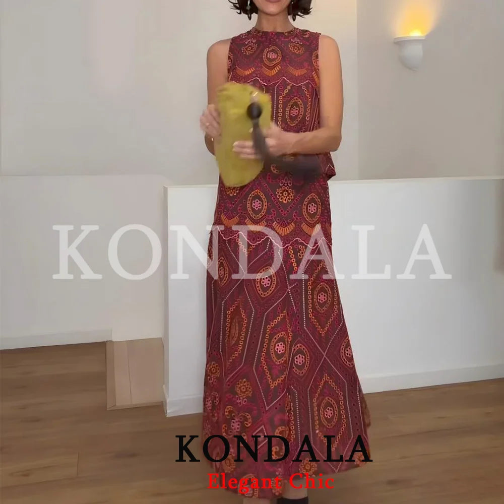 KONDALA Women Holiday Trendy Hollow Out Embroidery Skirt Set O-neck Vest Top Long Skirt New Fashion 2026 Spring Summer Beach Set