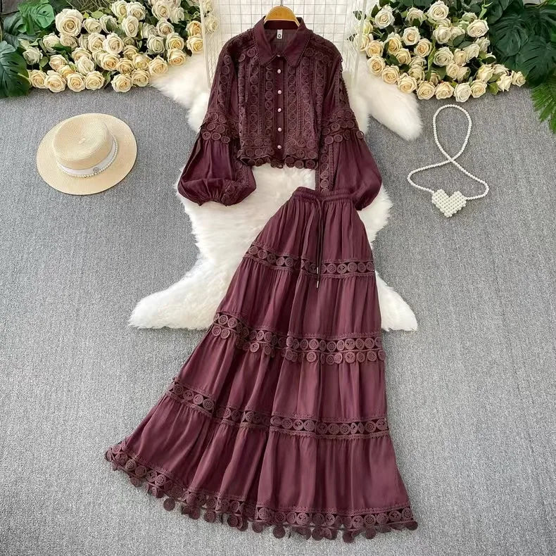 Women Two Piece Sets Skirt Set Turn Down Collar Lantern Sleeve Tops Lace Spliced Long Skirts A Line High Waist Elegant Work 2026
