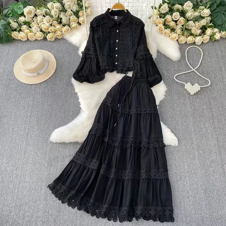Women Two Piece Sets Skirt Set Turn Down Collar Lantern Sleeve Tops Lace Spliced Long Skirts A Line High Waist Elegant Work 2026