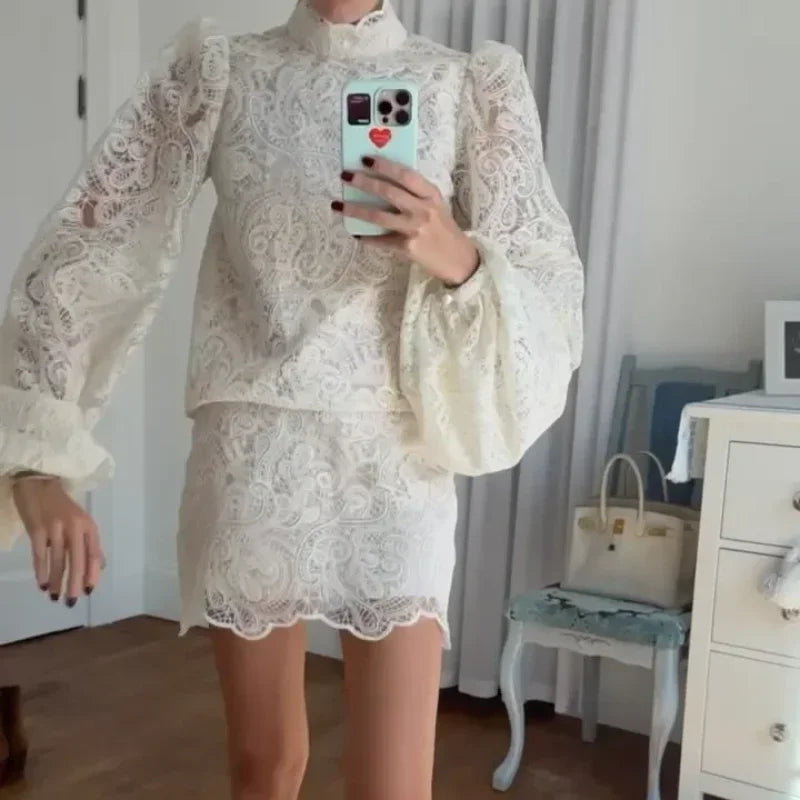 Elegant Lace Hollow Out Mini Dress Women Long Sleeve Designs Chic High Neck Short Vestidos 2026 Trendy Spring Club Night Gown