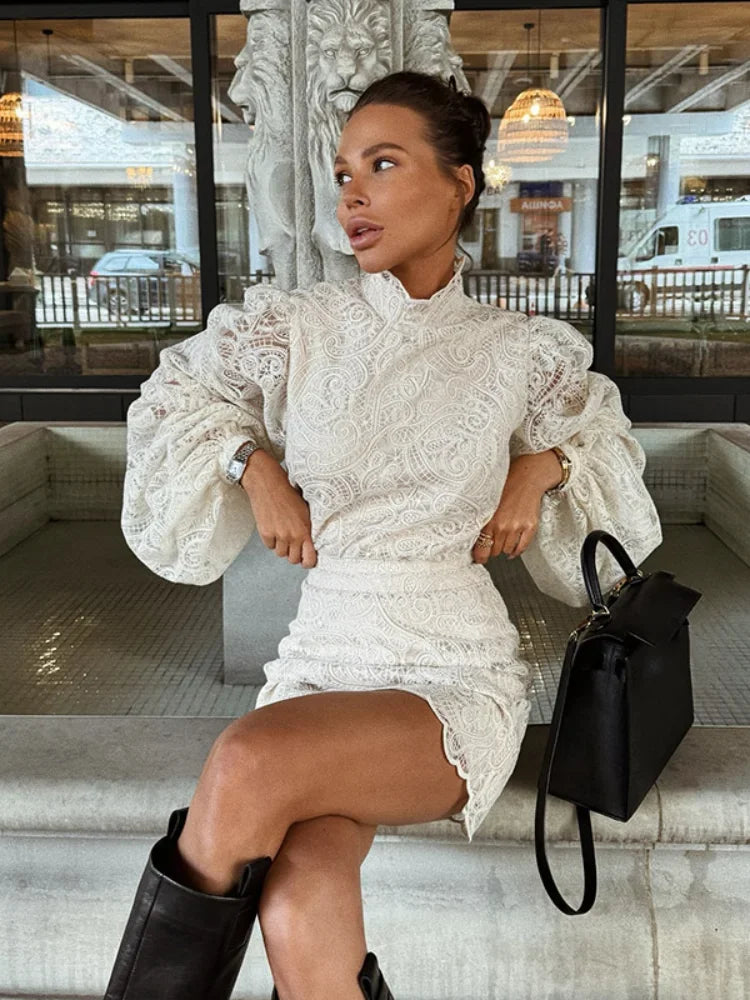 Elegant Lace Hollow Out Mini Dress Women Long Sleeve Designs Chic High Neck Short Vestidos 2026 Trendy Spring Club Night Gown