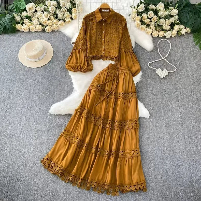Women Two Piece Sets Skirt Set Turn Down Collar Lantern Sleeve Tops Lace Spliced Long Skirts A Line High Waist Elegant Work 2026