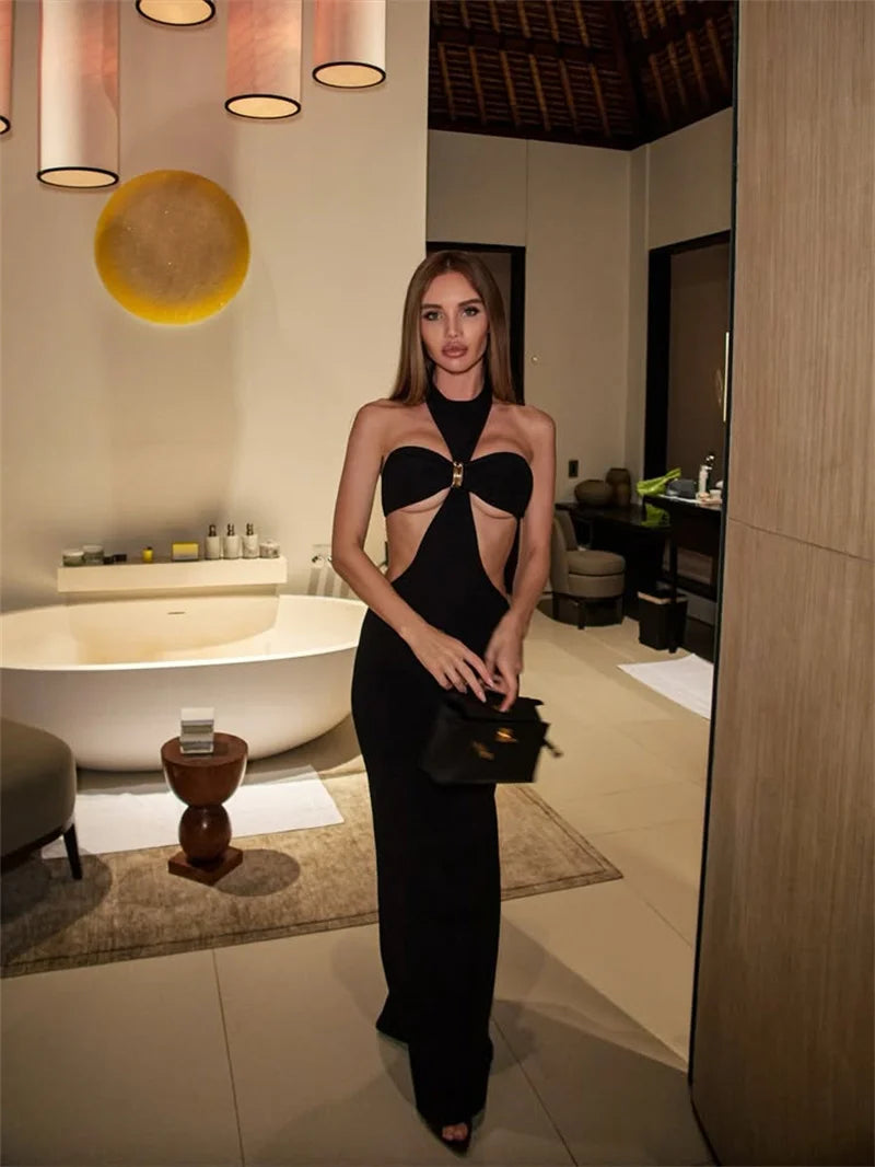 Mozision Halter Off-shoulder Sexy Maxi Dress Set Women Elegant Cut Out Sleeveless Backless Crop Top And Maxi Skirt Matching Sets