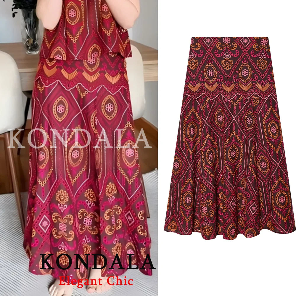 KONDALA Women Holiday Trendy Hollow Out Embroidery Skirt Set O-neck Vest Top Long Skirt New Fashion 2026 Spring Summer Beach Set