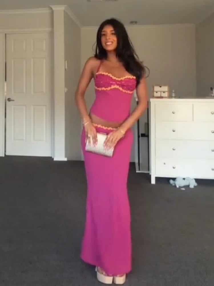 Elegant Chiffon Tops Skirt Set Women Stylish Floral Strap Off Shoulder Halter Crop Top Maxi Skirt Summer Beach Vacation Outfit