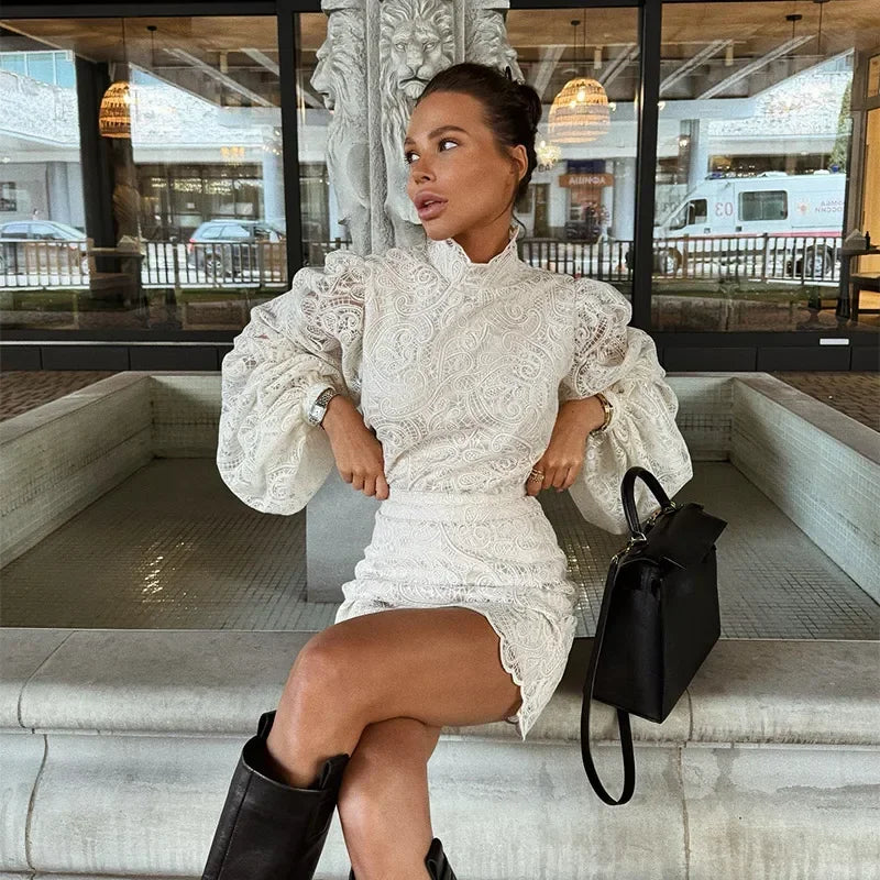 Elegant Lace Hollow Out Mini Dress Women Long Sleeve Designs Chic High Neck Short Vestidos 2026 Trendy Spring Club Night Gown